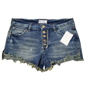 Free People NWT Jillian Blue Denim Frayed Button Fly Shorts - Size 26